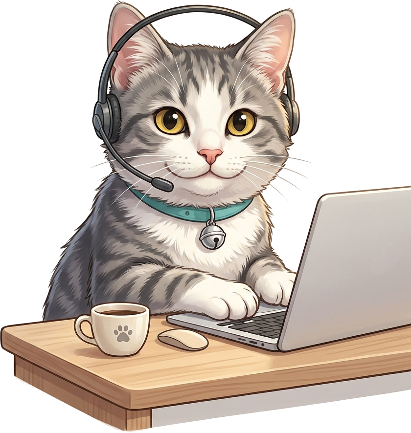 Lulu the cat at a support desk, wearing a headset and working at a laptop